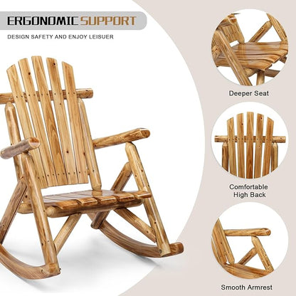 Outvita Wooden Rocking Chair, Fir Log Adirondack Rocker, Outdoor Wood Accent Furniture Lounge Chairs for Garden Patio Backyard Porch (Light carbonized)