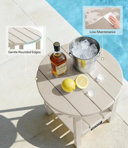 Outdoor Side Table Round - Patio Side Tables - HDPE Small Outdoor End Table for Backyard Pool Porch Balcony - Double Layer Storage - Sand (Wood Grain Finish)
