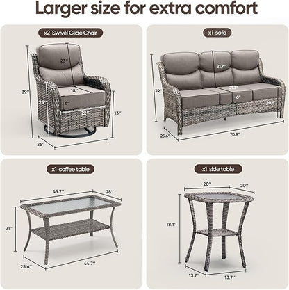 Swivel Patio Chairs sofa Set of 5 with 6" Thick Cushion - Wicker Outdoor Swivel Rocker Patio Chair ,Sofa/Glass coffee table, High Back Comfortable Outdoor Glider Chairs - Grey Wicker | Grey Cushions