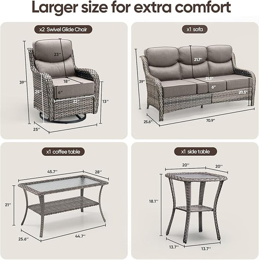 Swivel Patio Chairs sofa Set of 5 with 6" Thick Cushion - Wicker Outdoor Swivel Rocker Patio Chair ,Sofa/Glass coffee table, High Back Comfortable Outdoor Glider Chairs - Grey Wicker | Grey Cushions