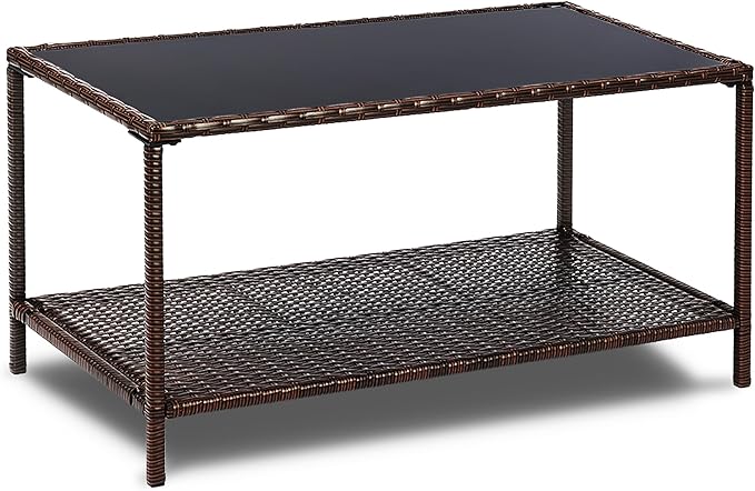 SUNNYPARK Outdoor Rattan Coffee Table 36’’ All-Weather Wicker Patio Side Tables with Glass Top and Storage Shelf - Photo 1