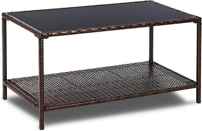 SUNNYPARK Outdoor Rattan Coffee Table 36’’ All-Weather Wicker Patio Side Tables with Glass Top and Storage Shelf Furniture for Living Room Balcony Backyard Poolside