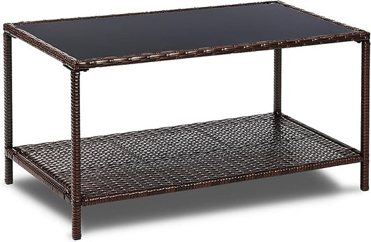 SUNNYPARK Outdoor Rattan Coffee Table 36’’ All-Weather Wicker Patio Side Tables with Glass Top and Storage Shelf Furniture for Living Room Balcony Backyard Poolside