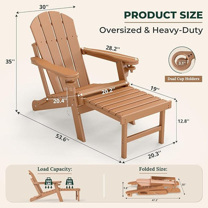 BRIOPAWS Adirondack-Chairs-with-Pull-Out-Footrest | Set of 4 | Folding | HDPE Plastic | Fire Pit Chair | All Weather | Cup Holders | Curved Back | Retractable Ottoman | for Poolside Deck | Teak