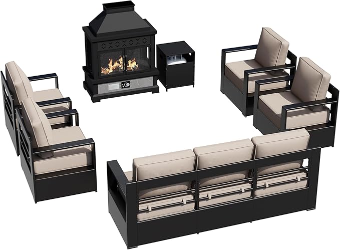Outdoor Aluminum Furniture Set, 6-Piece Patio Conversation Set, 4 Chairs 1 Sofa and 1 Fireplace, All-Weather Metal Frame, 6" Thick Removable Cushions, Deep Setting for Garden, Poolside and Porch