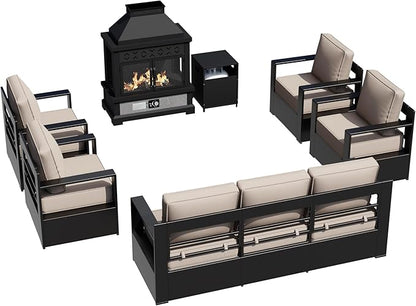 Outdoor Aluminum Furniture Set, 6-Piece Patio Conversation Set, 4 Chairs 1 Sofa and 1 Fireplace, All-Weather Metal Frame, 6" Thick Removable Cushions, Deep Setting for Garden, Poolside and Porch