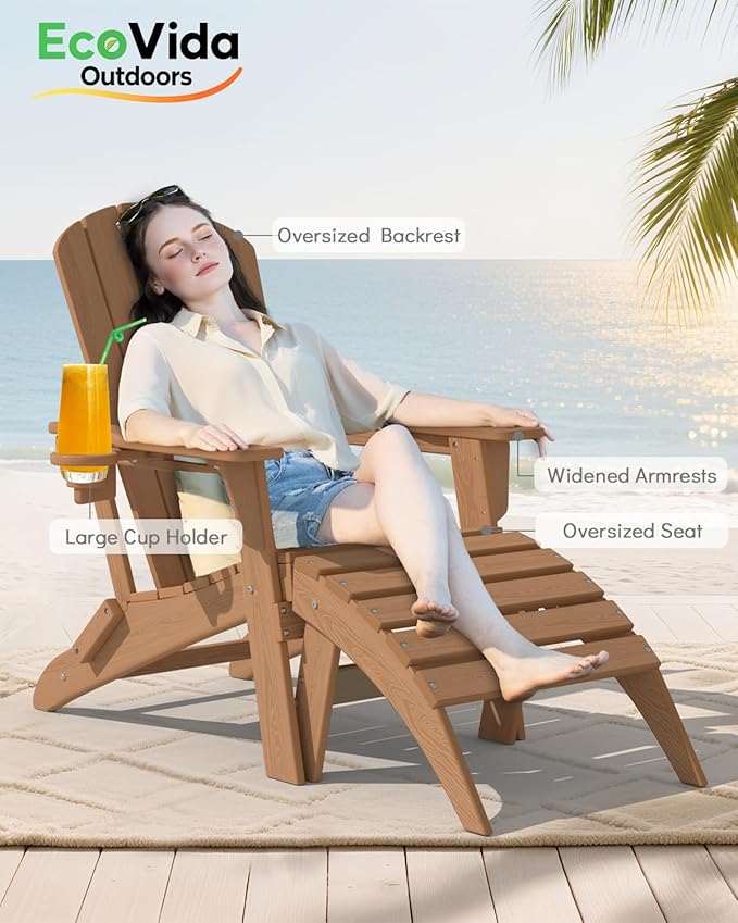 3-Piece Folding Adirondack Chair Set - 38" Extra Tall Back & Embossed Wood Grain - Photo 4