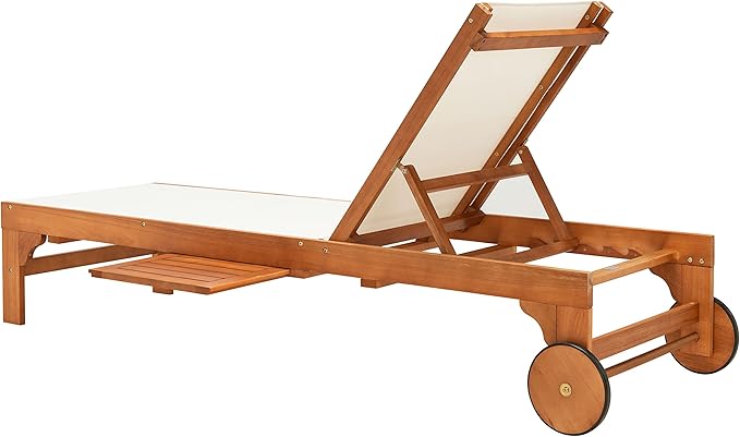 SAFAVIEH Outdoor Collection Ralden Natural Brown Solid Wood/Beige Fabric Adjustable Chaise Lounge Chair (PAT7070A)