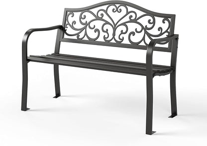 Sophia & William Outdoor Bench, Metal Garden Bench, Cast Iron Park Benches for Outside with Floral Design Backrest, Black