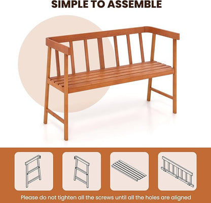 Tangkula Outdoor Eucalyptus Wood Bench, 2-Person Garden Bench with Backrest and Armrests, Garden Bench with Slatted Seat for Porch, Park, Backyard, 800 Lbs Max Load, 43” L x 18” W x 28” H, Natural