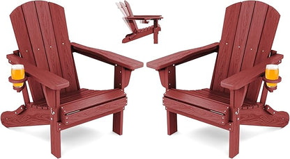 SERWALL Folding Adirondack Chair Set of 2, Adjustable Adirondack Chair with 3 Recline Positions, All Weather HDPE Outdoor Adirondack with Cup Holders, Red