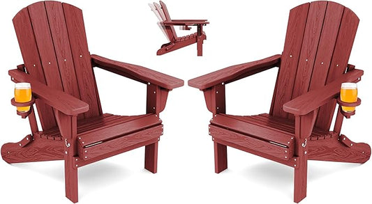 SERWALL Folding Adirondack Chair Set of 2, Adjustable Adirondack Chair with 3 Recline Positions, All Weather HDPE Outdoor Adirondack with Cup Holders, Red