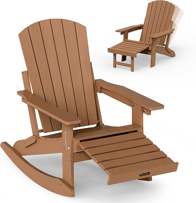 Adirondack Rocking Chair with Retractable Ottoman, 4-in-1 Foldable Reclining Patio Chair, HDPE Wood-Look Outdoor Rocker for Porch, Garden & Poolside, Teak