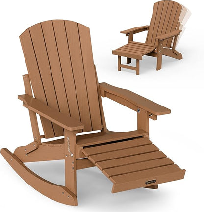 Adirondack Rocking Chair with Retractable Ottoman, 4-in-1 Foldable Reclining Patio Chair, HDPE Wood-Look Outdoor Rocker for Porch, Garden & Poolside, Teak