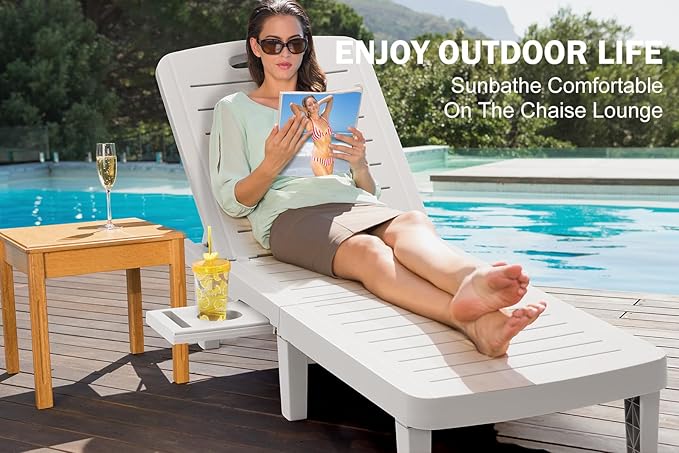 Outdoor Chaise Lounge Set of 4, Waterproof Resin Lounge Chairs for Outside w/Adjustable 5 Positions All Weather Recliner Chair for Patio, Poolside, Beach, Yard, White