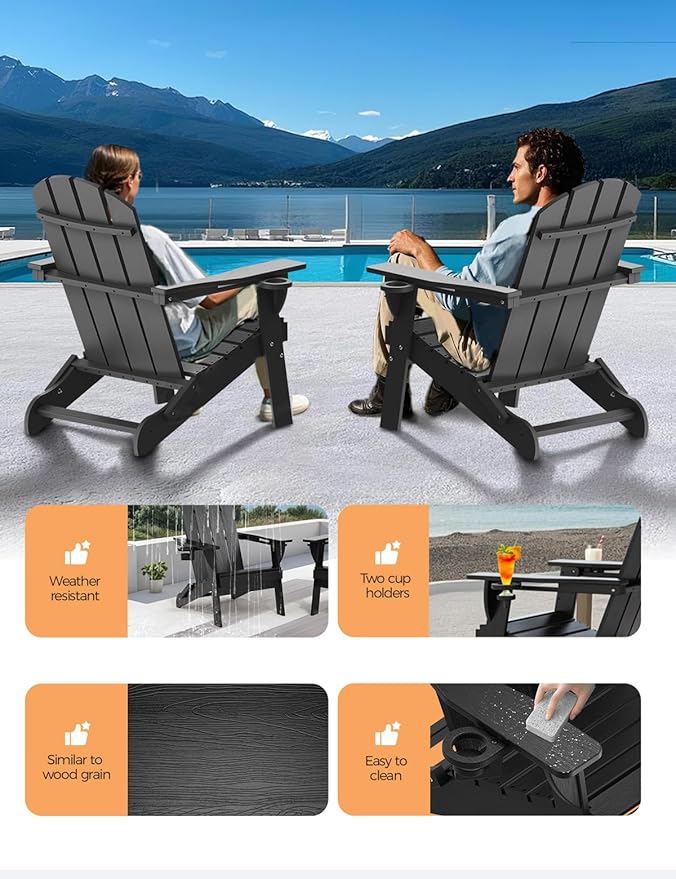 Folding Adirondack Chair, Wooden Textured Plastic Adirondack Chairs with 2 Cup Holder, Weather Resistant HDPE Fire Pit Chair, Outdoor Patio Chairs for Garden, Backyard, Lawn, Deck, 380LBS, Black
