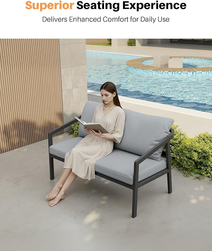 Outdoor Patio Loveseat, Never-Rust Aluminum Outdoor Loveseat Couch with Thick Cushions, Modern 2-Seater Patio Sofa Bench, Outdoor Sofa Loveseat Furniture for Backyard, Garden, Black | Never-Rust, Wraparound Design, Removable Cushions