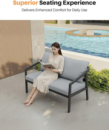 Outdoor Patio Loveseat, Never-Rust Aluminum Outdoor Loveseat Couch with Thick Cushions, Modern 2-Seater Patio Sofa Bench, Outdoor Sofa Loveseat Furniture for Backyard, Garden, Black | Never-Rust, Wraparound Design, Removable Cushions
