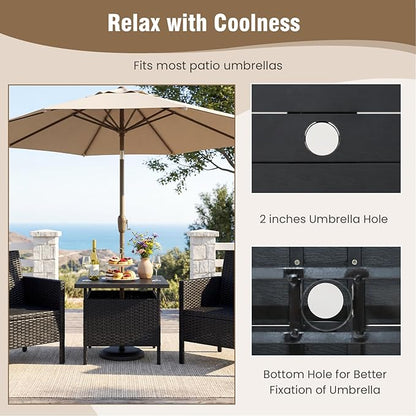 Tangkula Outdoor Wicker Table, Rattan Coffee Table with Umbrella Insert Hole, HDPE Tabletop & Sturdy Metal Frame, Patio Umbrella Side Table Stand for Backyard, Garden, Poolside (Black)