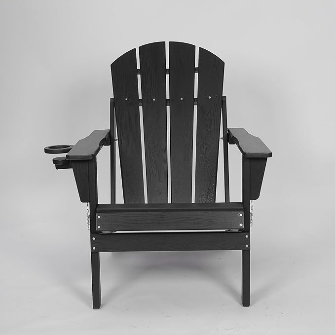 Folding Adirondack Chair with Dual Cup Holder, HDPE Composite Adirondack Chair with Wood Texture, Patio Chairs, Lawn Chairs, Outdoor Chair for Deck, Backyard, Garden (Black)