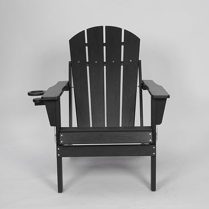 Folding Adirondack Chair with Dual Cup Holder, HDPE Composite Adirondack Chair with Wood Texture, Patio Chairs, Lawn Chairs, Outdoor Chair for Deck, Backyard, Garden (Black)