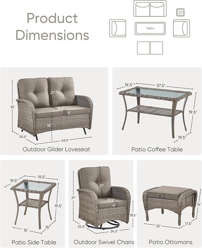 7 Pieces Patio Furniture-Patio Swivel Chairs Set of 2 Outdoor Glider Bench Rocking Chair with Patio Ottomans Patio Conversation Sets for Deck Porch Garden Balcony Poolside-Grey/Grey