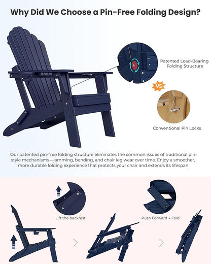 Oversized Adirondack Chair with Dual Cup Holders, Ergonomic High Back HDPE Fire Pit Chair, 380lbs Capacity All-Weather Outdoor Patio Lounge Chair for Garden, Deck, Yard - Navy Blue