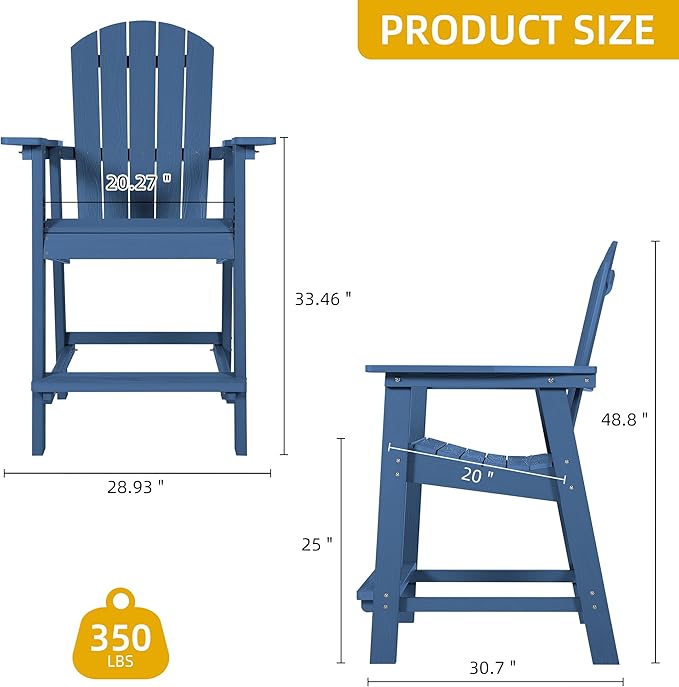 DWVO 25" Tall Adirondack Chair, Poly Bar Height Balcony Chairs with Armrest & Footrest, Outdoor Bar Stool Lifeguard Chair for Deck Pool Patio and Porch, Navy Blue