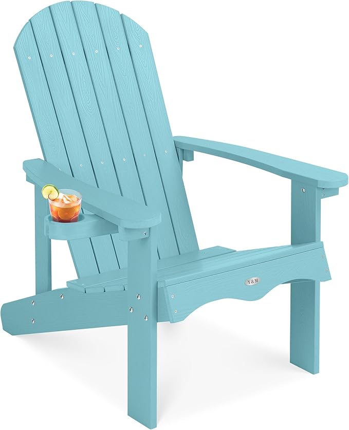 Y&M Adirondack Chair, Light Blue Fire Pit Chairs, Outdoor Patio Chairs with Cup Holder, Weather Resistant HDPE Wooden Textured Patio Chairs, Perfect for Garden, Lawn, Deck, or Poolside