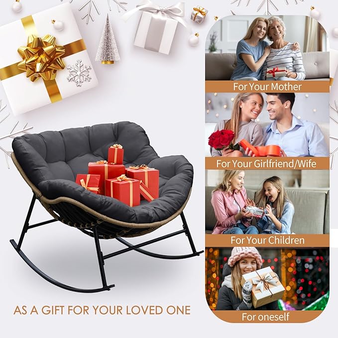 NICESOUL Indoor Outdoor 2-Piece Oversized Papasan Rocking Chair Set, Extra-Large Cushioned Double Royal Rockers, Comfy Loveseat Patio Lounge Chair, All Weather Durable Wicker Egg Glider, Dark Gray