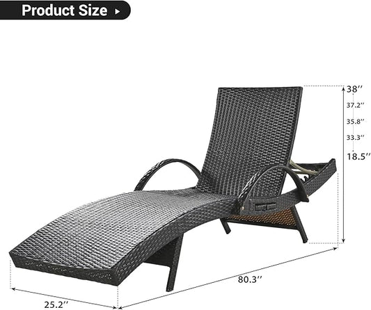 Outdoor Wicker Chaise Lounge Chairs Set of 2, Patio Rattan Sunbathing Recliners with Pull-Out Side Table and Adjustable Backrest for Pool (Dark Brown/2)