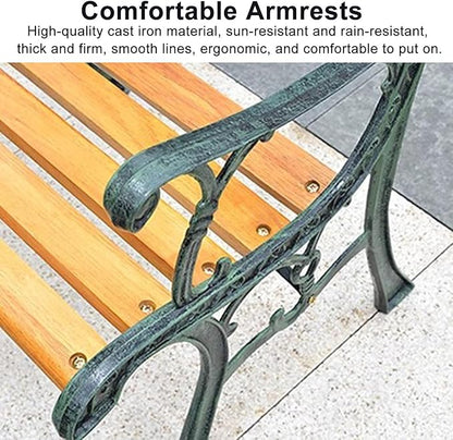 Outdoor Garden Bench, Weatherproof Park Bench, 1-Person Patio Bench with Backrest, Wood & Cast Iron