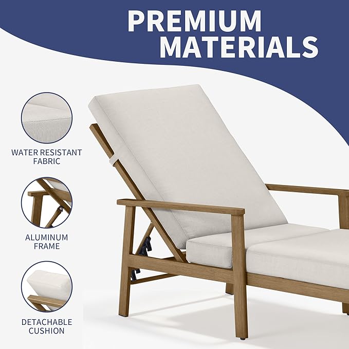 Outdoor Chaise Lounge, Aluminum Chaise Lounge Outdoor with Cushion, 6-Position Adjustable Pool Chaise Lounge Chairs, Outdoor Pool Recliners Chair for Beach, Yard, Poolside