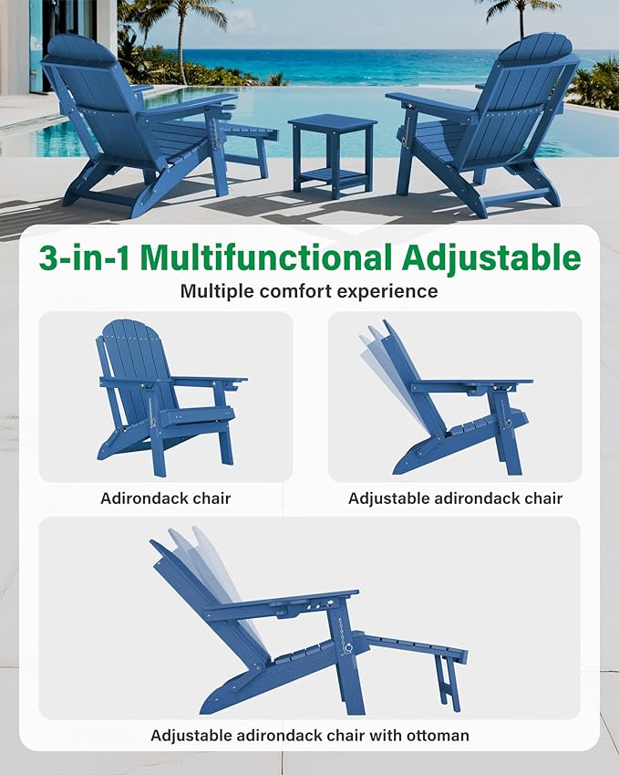 YEFU Adirondack Chair with Retractable Ottoman: Adjustable Folding Adirondack Chairs with Cup Holder - HDPE Plastic Outdoor Fire Pit Chairs Set of 6 - All Weather for Patio/Firepit/Outside/Pool(Blue)