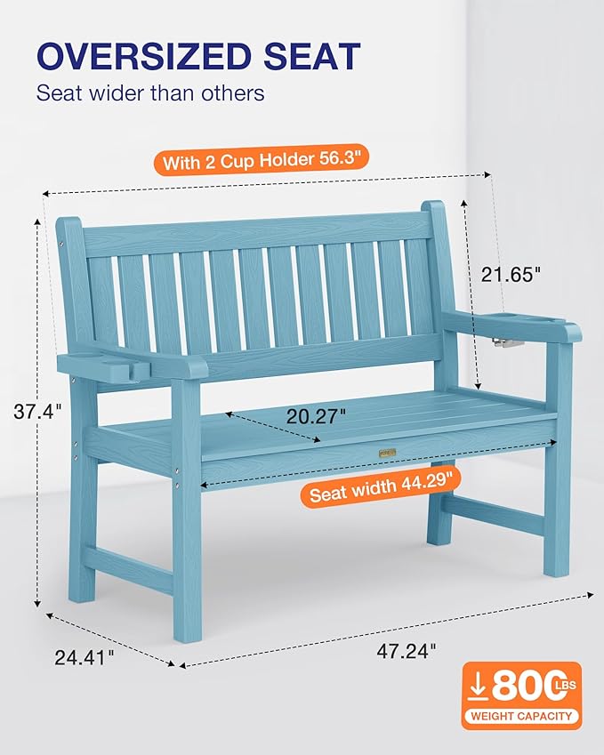 YEFU Outdoor Bench for Patio Waterproof: Heavy Duty 2-Person Garden Bench with 2 Cup Holders & Oversized Seating - HIPS Weatherproof Patio Benches for Front Porch Backyard Park, Blue