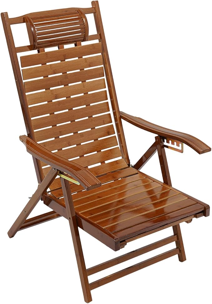 Foldable Bamboo Lounger Chair, Adjustable Back Patio Reclining Chair with Cushion & Massage Hammer, Foldable Outdoor Chaise Lounge Chair for Backyard Yard Pool Beach Load Capacity 440Lbs
