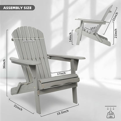 KEVINSPACE Adirondack Chair Folding AdirondackChairs Set of 2 Outdoor Chairs PatioChairs Setof2 Solid Wood Porch ChairsFire for Adult PitChairs Front PorchChairs for Garden Backyard Beach Gray