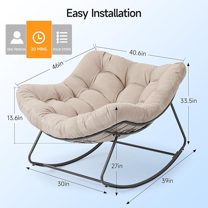 ONBRILL Outdoor Papasan Rocking Chair, 450 lbs Oversized Comfy Patio Chair with Thickened Cushion, Indoor Egg Rocking Lounge Chairs, Rocker Chairs for Patio Porch Garden Living Room Bedroom, Beige