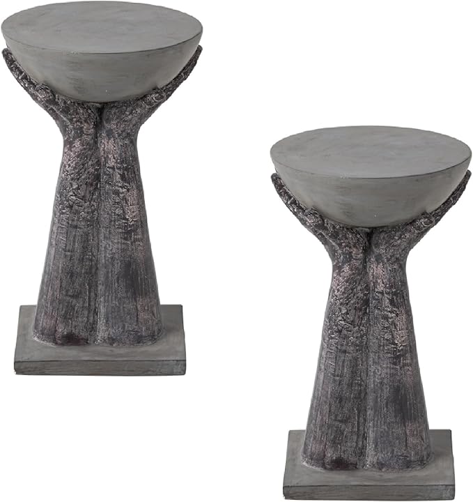 HOMPUS Concrete Side Table Set of 2, Round End Table Modern, Accent Coffee Table with Two Hands Base, Unique Home Décor for Living Room, Bedroom, Balcony or Outdoor
