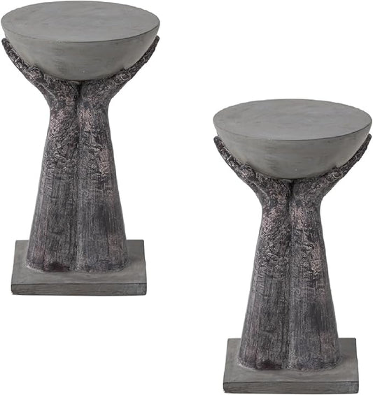 HOMPUS Concrete Side Table Set of 2, Round End Table Modern, Accent Coffee Table with Two Hands Base, Unique Home Décor for Living Room, Bedroom, Balcony or Outdoor