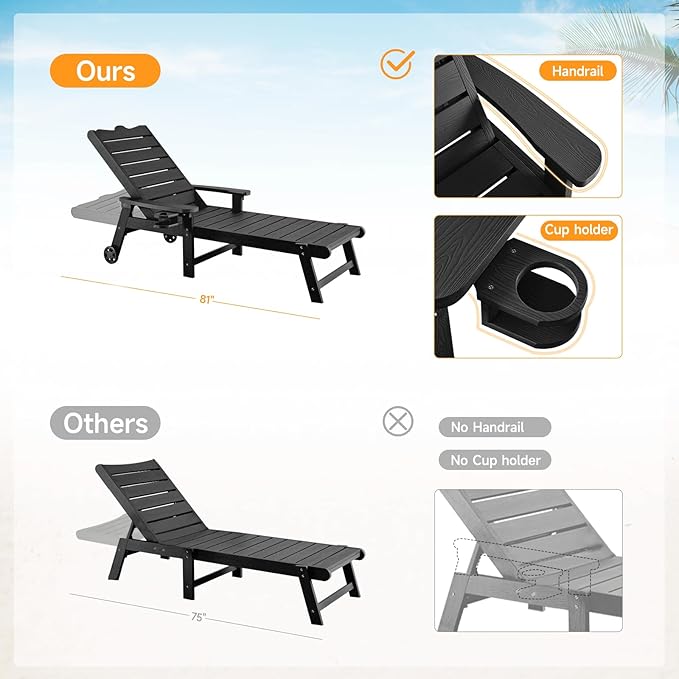 ONBRILL Patio Chaise Lounge Set of 2, Outdoor Lounge Chairs with 5-Level Adjustable Backrest, CupHolder, No Fade - Photo 4