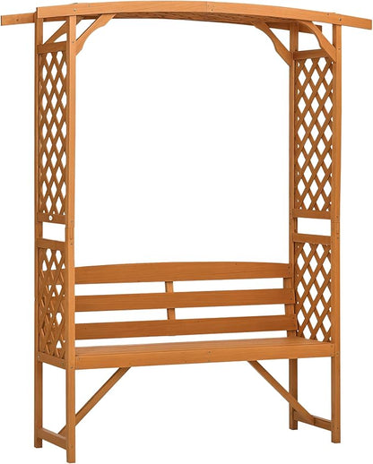 Outsunny Patio Garden Bench Arbor Arch with Pergola and 2 Trellises, 3 Seat Natural Wooden Outdoor Bench for Grape Vines & Climbing Plants, Backyard Decor, Brown