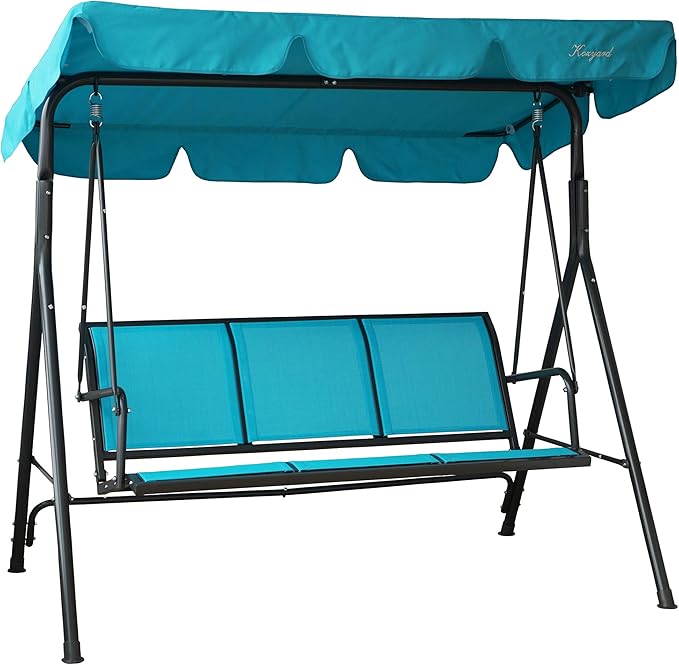 Kozyard 3-Person Outdoor Canopy Porch Swing Chair, Breathable Textilene Armrest Seat, Adjustable Shade, Heavy-Duty Powder-Coated Steel Frame Swing for Patio, Backyard, Poolside & Balcony, Blue
