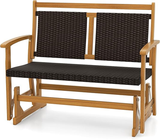 HAPPYGRILL Outdoor Glider Bench Acacia Wood Porch Glider with Rattan Seat and Backrest, Curved Armrests, 2-Person Swing Rocking Chair for Patio, Backyard, Garden, Balcony
