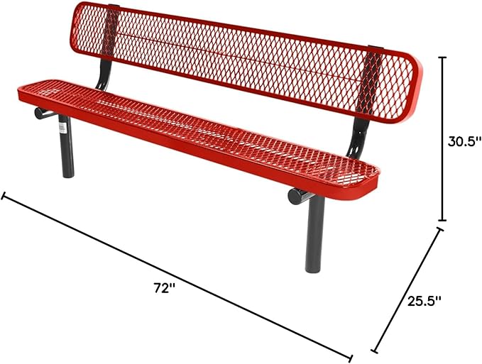 COATEDOUTDOORFURNITURE Coated Outdoor Furniture Heavy-Duty Outdoor Bench Thermoplastic Coated, Expanded Metal, Commercial-Grade Seating, Made in America (Inground with Back, 6 Ft, Red)