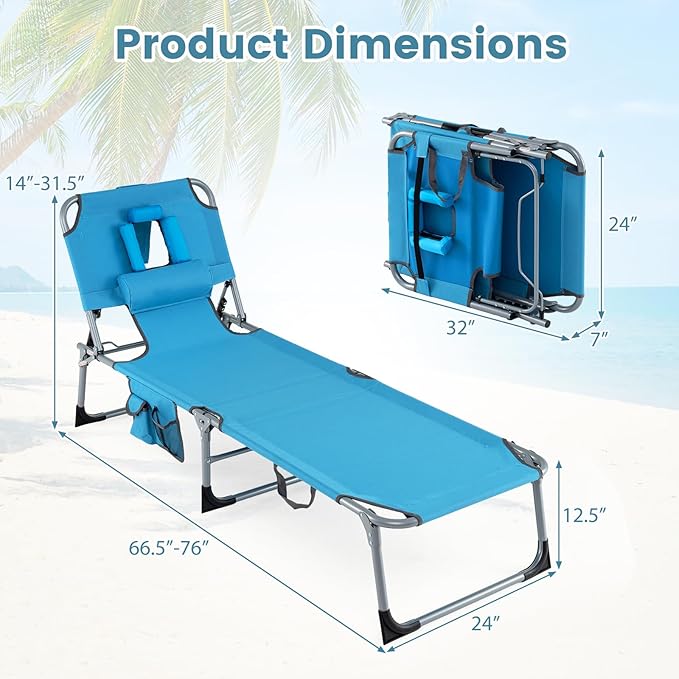 Giantex Face Down Tanning Chair, Folding Beach Lounge Chair w/ 4-Position Adjustable Backrest, Outdoor Sunbathing Lounge Chair w/Face Arm Holes & Storage Pocket for Patio Deck Poolside (1, Navy)