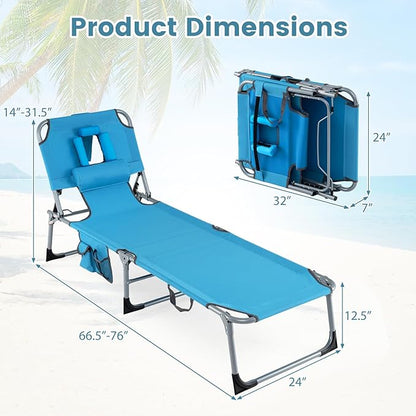 Giantex Face Down Tanning Chair, Folding Beach Lounge Chair w/ 4-Position Adjustable Backrest, Outdoor Sunbathing Lounge Chair w/Face Arm Holes & Storage Pocket for Patio Deck Poolside (1, Navy)