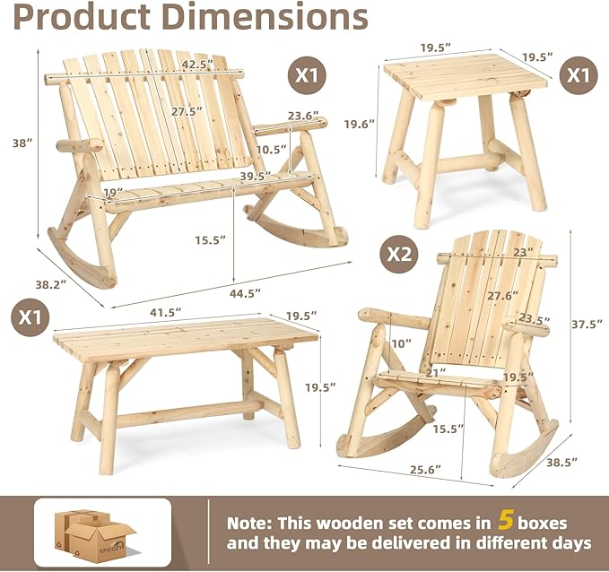 5-Piece Outdoor Log Wood Rocking Set, Rustic Wooden Conversation Set Including 2-Seater Loveseat, 2 Coffee Tables, 2 Log Rocker Chairs, Patio Furniture Chair Set for Garden, Lawn Yard, Natural