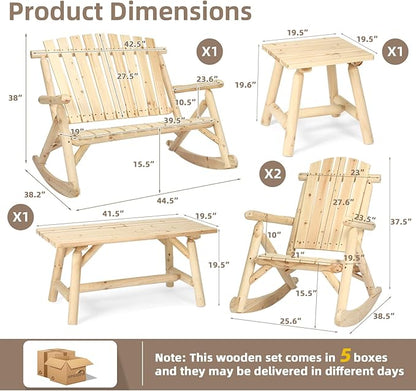 5-Piece Outdoor Log Wood Rocking Set, Rustic Wooden Conversation Set Including 2-Seater Loveseat, 2 Coffee Tables, 2 Log Rocker Chairs, Patio Furniture Chair Set for Garden, Lawn Yard, Natural