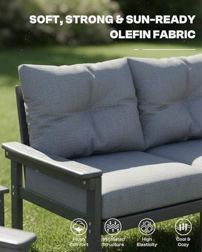 Grey HDPE Patio Sofa Set, 4-Piece Sectional Outdoor Patio Furniture Set, All Weather Outdoor Couch Set with Coffee Table & Washable Thick Cushions for Balcony, Porch, Poolside